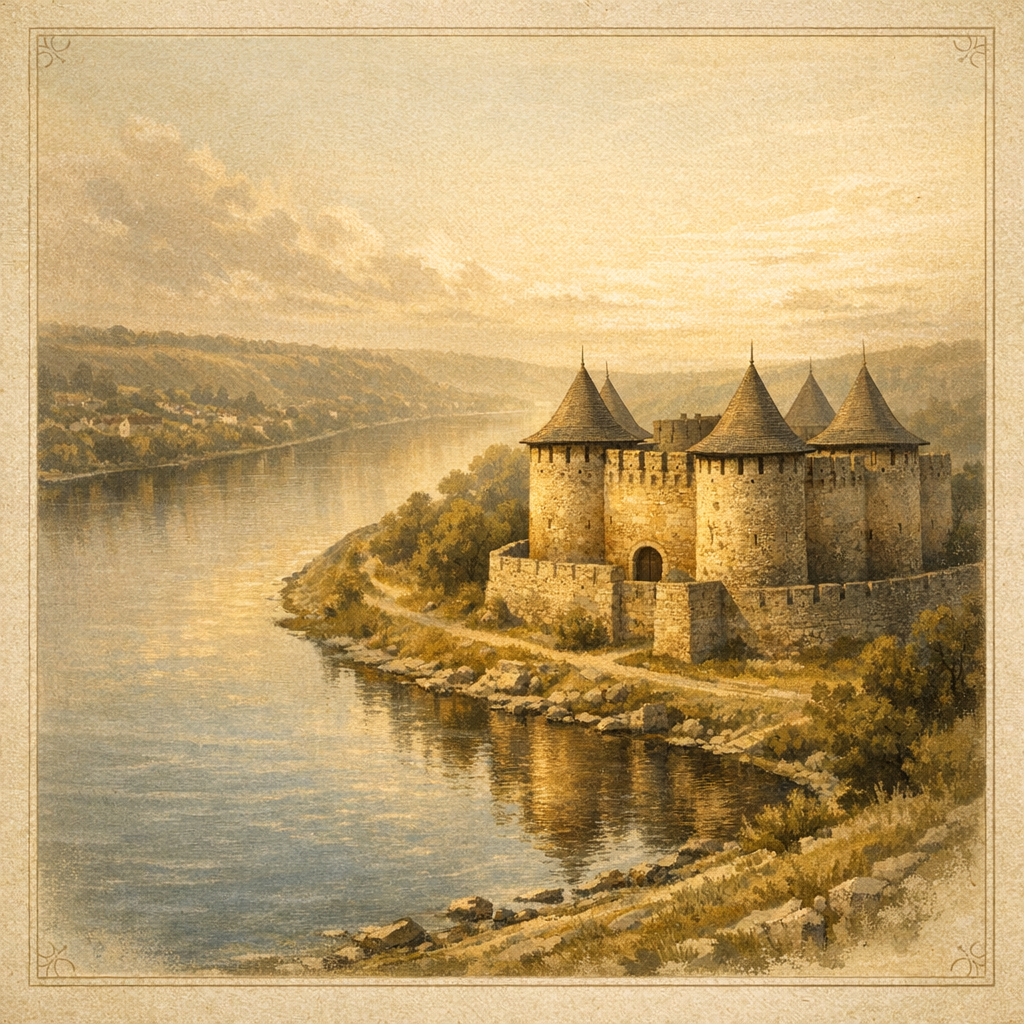 Rendered view of Soroka Fortress and the Dniester river